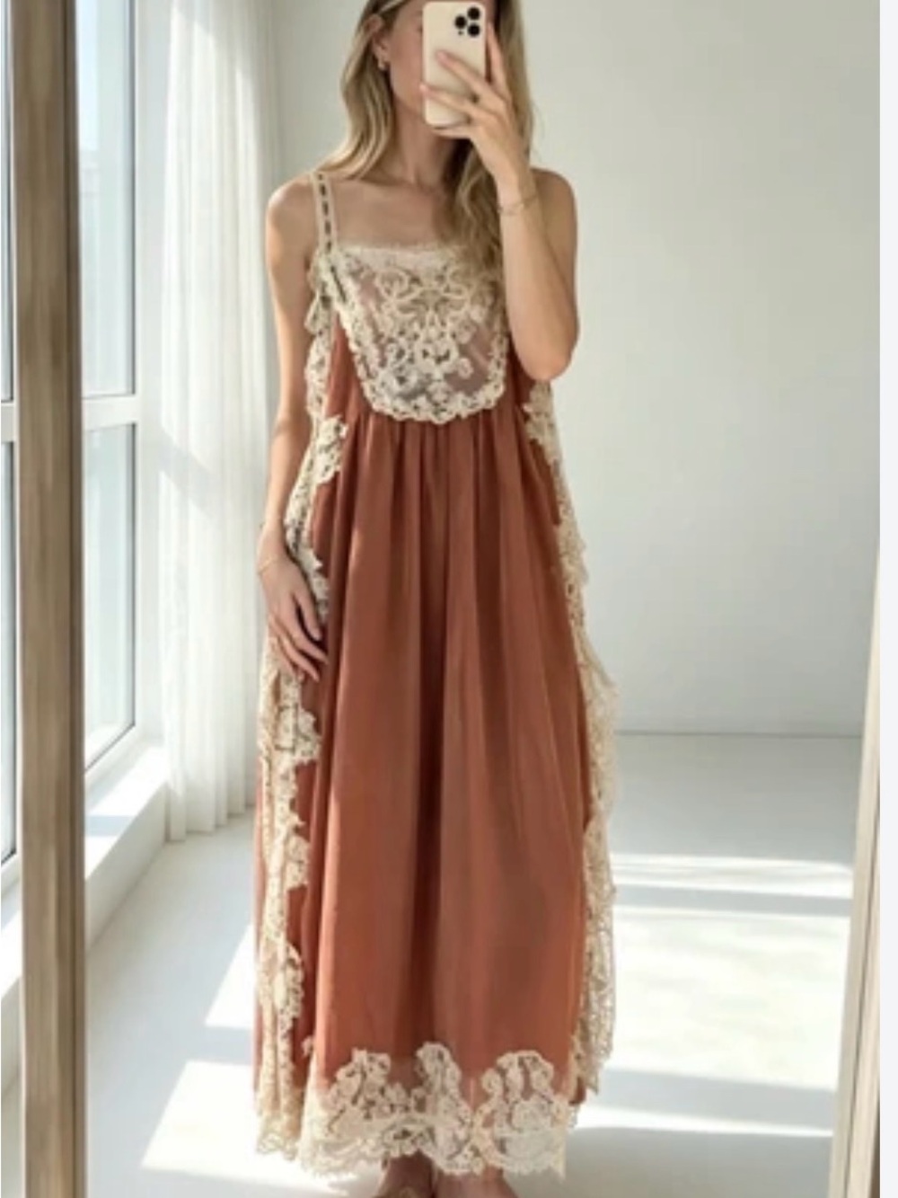 NWT Zara Lace Strap Midi Maxi Dress with Cream Lace Brick Small 5107/088